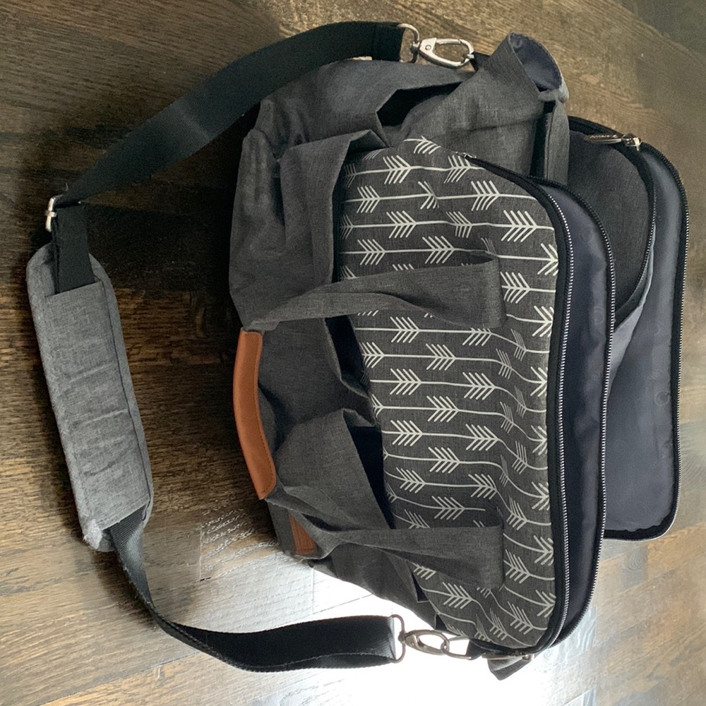Large diaper bag tote in Grey. Perfect for two or more children.